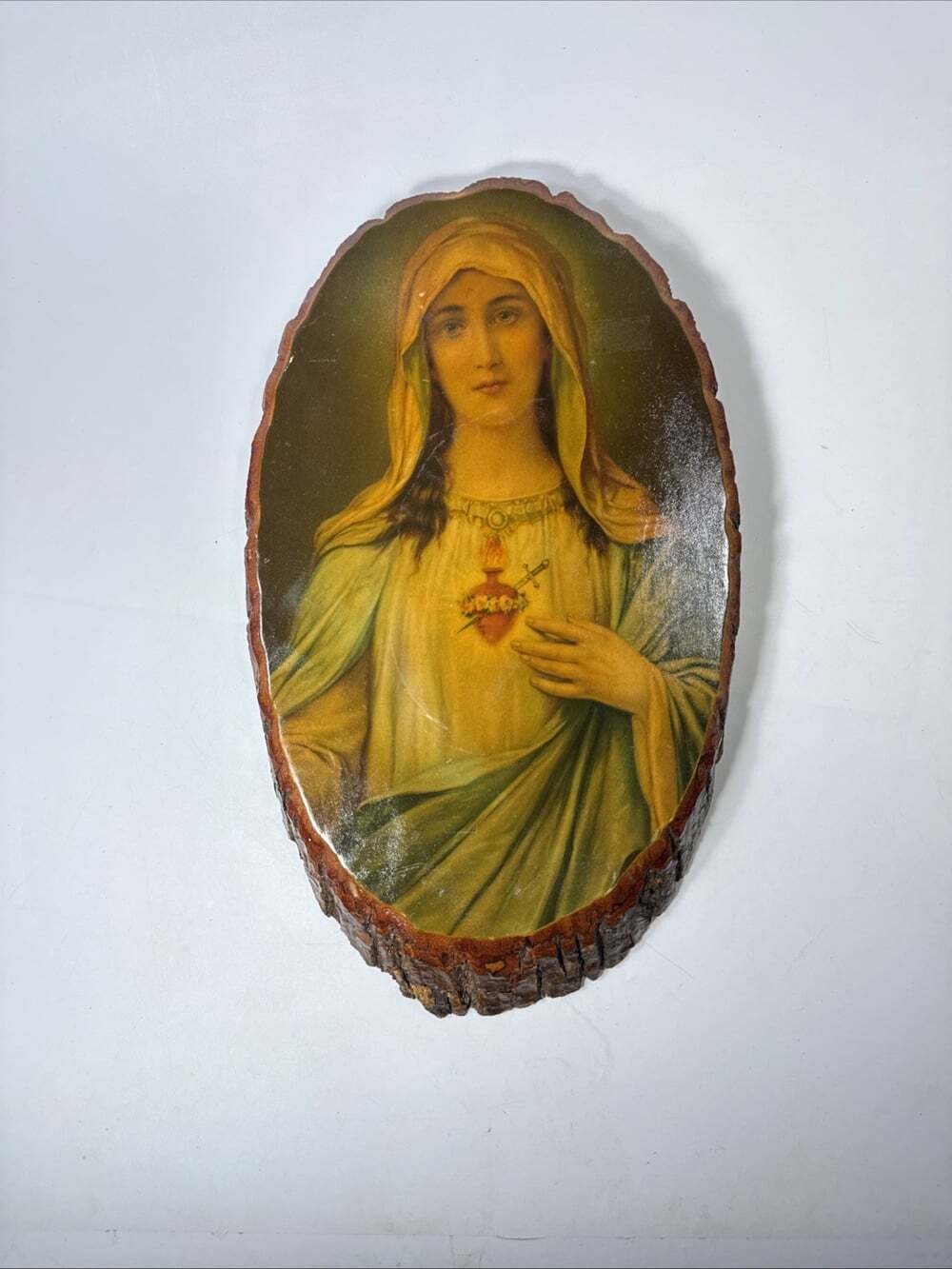 Vintage Immaculate Sacred Heart Mary Live Edge Wood Slice Wall Hanging Plaque G3